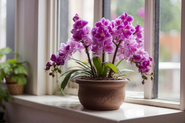 Potted orchid in bloom with purple flowers on window sill