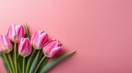 Flat lay of bucket tulips on pink background with copy space