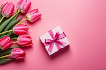 Flat lay of bucket tulips and present on pink background with copy space