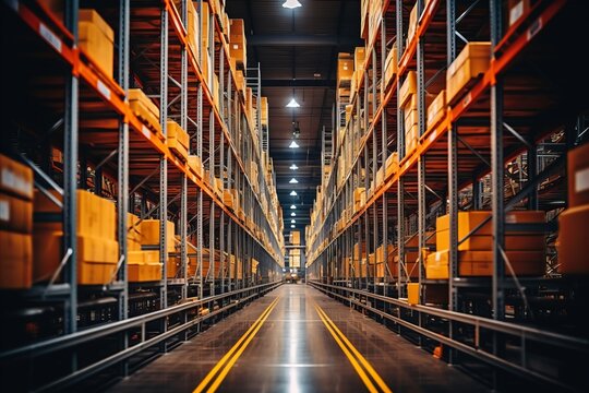 a huge distribution warehouse with boxes on racks, a loader for boxes