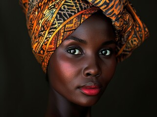 Portrait of an African Beauty with Ornate Headscarf. Isolated on a Black Background. Generative AI.