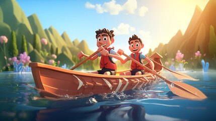 cartoon cute two canoe athletes are rowing canoe on river - obrazy, fototapety, plakaty
