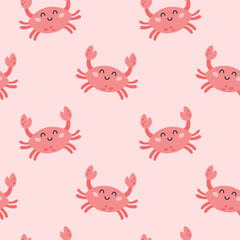 Seamless pattern with cute cartoon crab character on a pink background. Childish sea animals design for fabric, textile, paper.