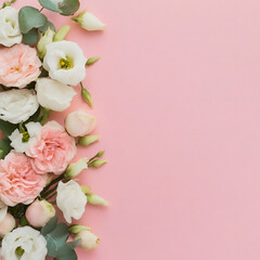 Banner with flowers on light pink background. Greeting card template for Wedding, mothers or womans day