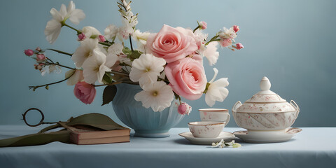 Banner with flowers on a light blue background 