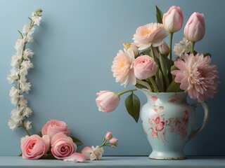 Banner with flowers on a light blue background 