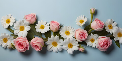 Banner with flowers on a light blue background 