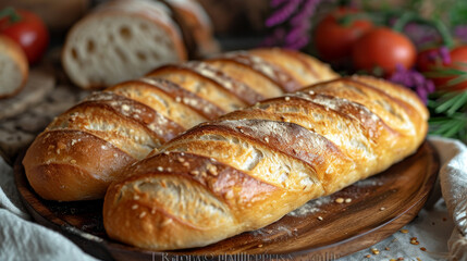 baguette freshly baked on a plate well decorated prodcut photo 
