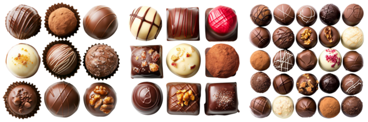 Chocolate Pralines Assortment Set Isolated on Transparent or White Background, PNG