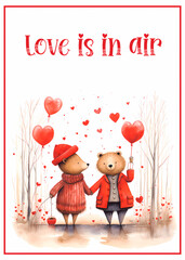Cute bears with hearts, Valentine's day card, love is in air,  watercolor  illustration