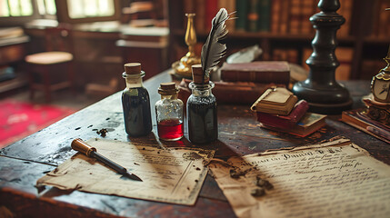A collection of antique ink bottles and quills on an aged writing desk, symbolizing the art of expressing love through words. - obrazy, fototapety, plakaty