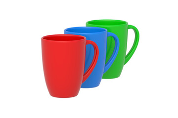 Row of mugs isolated on white background. 3d render
