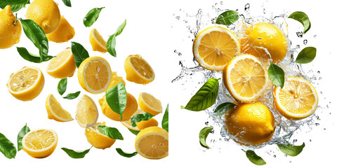 Floating Lemons and Leaves Set Isolated on Transparent or White Background, PNG