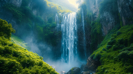 A majestic waterfall cascading down rocky cliffs, powerful, misty, lush, grand, breathtaking. DSLR,...