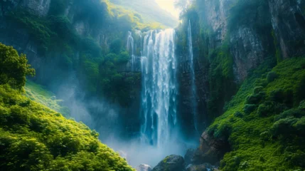  A majestic waterfall cascading down rocky cliffs, powerful, misty, lush, grand, breathtaking. DSLR, wide-angle lens, morning light, majestic © AI By Ibraheem
