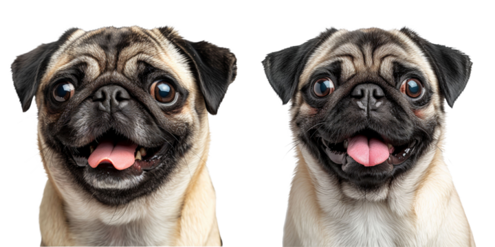 Cheerful Pug Dog Smiling Set Isolated on Transparent or White Background, PNG