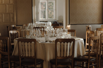Fototapeta na wymiar Romantic and Elegant organized event. Rustic style restaurant.
