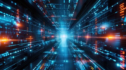 door in tunnel with digital data center light signals