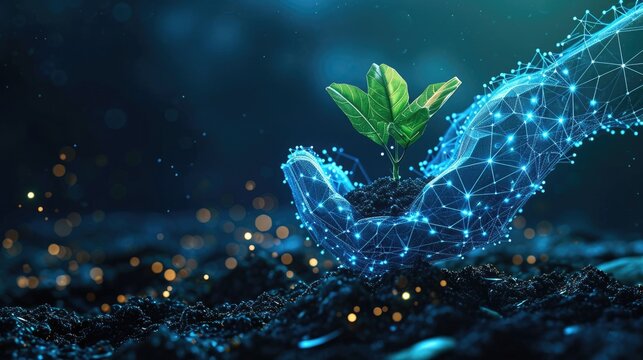 giving hand with young plant in soil geometry low poly style background