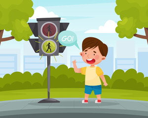 Little Boy Character Learn Traffic Rule Crossing Road at Green Light Vector Illustration