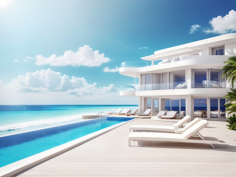 Sea view.A luxury modern white beach hotel with a swimming pool. Sunbed on sundeck for a vacation home or hotel designs.