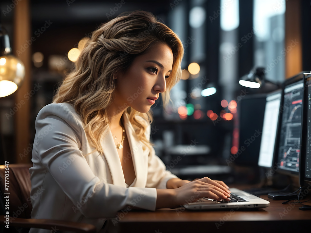Poster seo concept. women use a computer with an seo icon for analysis seo search engine optimizing your we