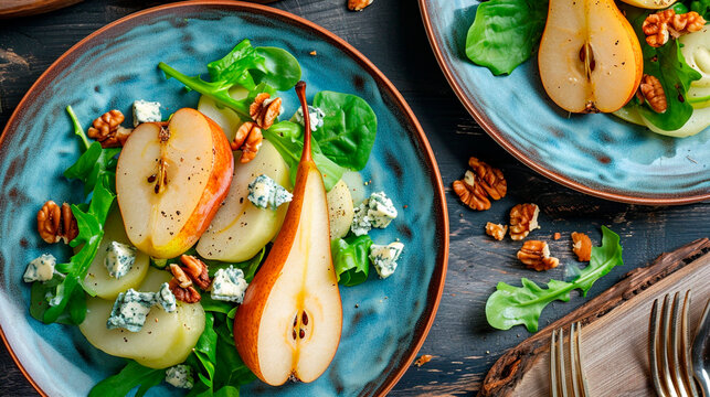 salad with dorblu cheese and pear. Selective focus.