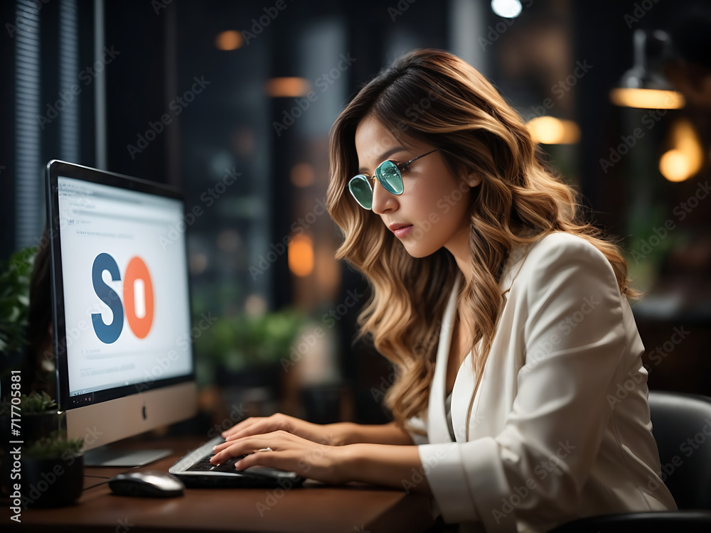 Poster seo concept. women use a computer with an seo icon for analysis seo search engine optimizing your we