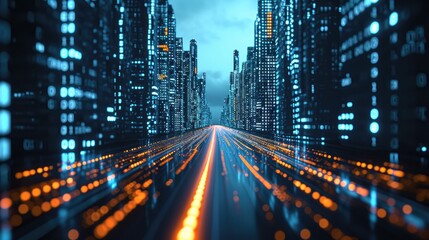 Fototapeta na wymiar abstract highway path through digital binary towers in city