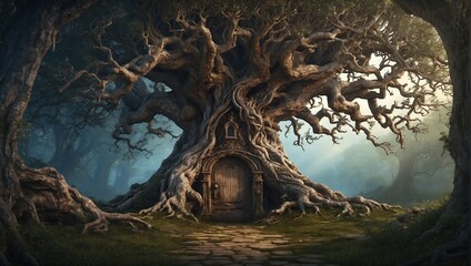A twisted, gnarled old tree with a secret door leading to an enchanted realm Generative AI