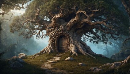 A twisted, gnarled old tree with a secret door leading to an enchanted realm Generative AI - obrazy, fototapety, plakaty
