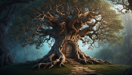 A twisted, gnarled old tree with a secret door leading to an enchanted realm Generative AI