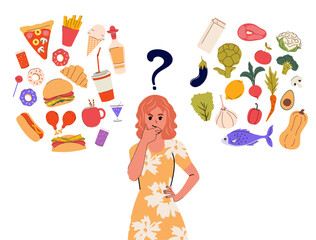 Girl in a yellow dress compares healthy and unhealthy foods in her head. Nutritionist. Vector illustration. Isolated.  Food difference.
Junk food. Burger, pizza, vegetables, meat, fish, soda, donuts