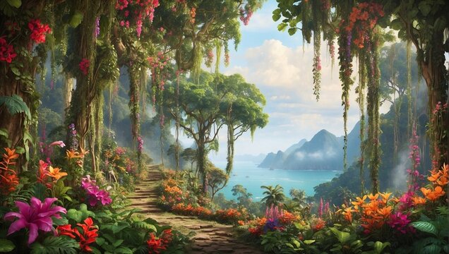 A vibrant rainforest scene with towering trees draped in lush, green vines and bright flowers Generative AI