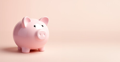 ceramic piggy bank isolated on plain pink studio background on side angle with copy space on right  - obrazy, fototapety, plakaty