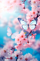 Butterflies against the background of cherry blossoms. Selective focus.