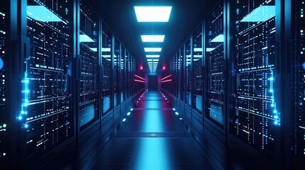 Modern Data Server Racks in Dark Room Technology Background
