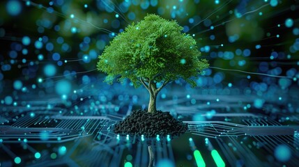 Tree with soil growing on the converging point of computer circuit board - obrazy, fototapety, plakaty