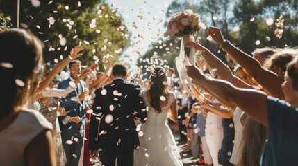 Bride and Groom Walking Down the Aisle Surrounded by Confetti