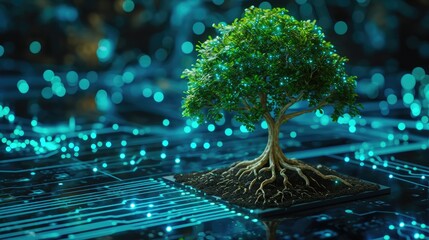 Tree with soil growing on the converging point of computer circuit board