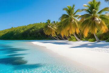 A tropical beach with white sand, palm trees, and turquoise water. The sun is shining and the sky is blue