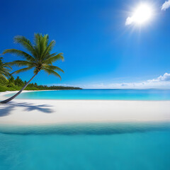 A tropical beach with white sand, palm trees, and turquoise water. The sun is shining and the sky is blue