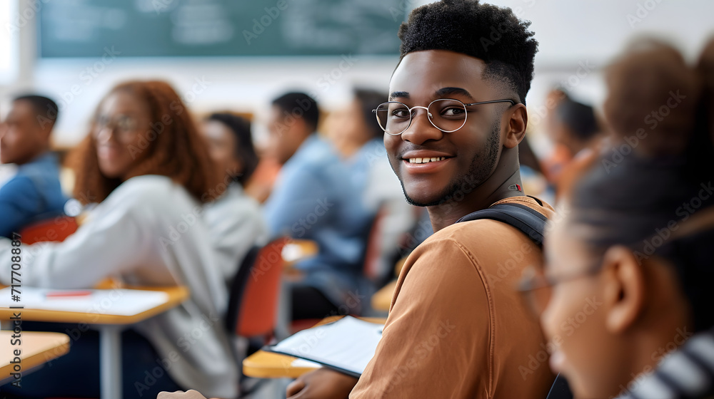 Poster happy black university student attending lecture in classroom and looking at camera.