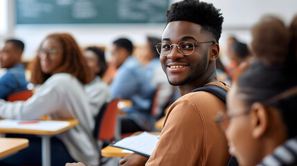 Happy black university student attending lecture in classroom and looking at camera. - obrazy, fototapety, plakaty