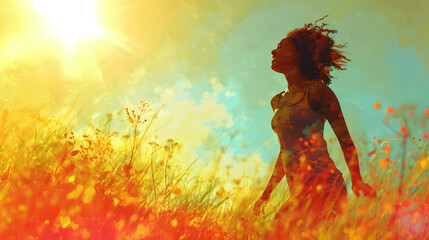 Young black ethnicity woman, looking at the sky and run across the meadow. Illustration. Concept a celebration of general health. - obrazy, fototapety, plakaty