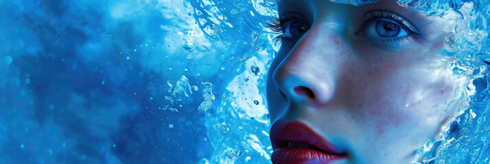 Close Up of a Womans Face Underwater, Serene and Tranquil Expression