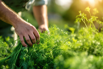 A farmer harvests freshly harvested dill in a field on a sunny day. Agriculture and farming. Organic vegetables
