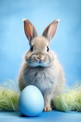 Small Rabbit Sitting Next to Blue Egg in Natural Setting