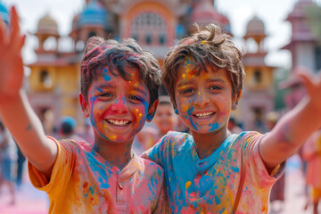 Holi celebration concept - children covered in holi colored powders