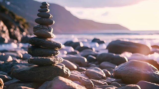 The person takes a deep breath, focusing on their rock balance, letting go of any other thoughts.